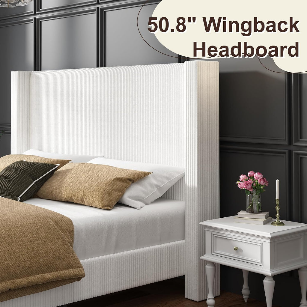 HOWE California King Size Bed Frame with 50.8' Tall Wingback Headboard, Modern Corduroy Upholstered Platform Bed Frame with Solid Wood Slats & Legs, No Box Spring Needed, Noise-Reducing Design, White
