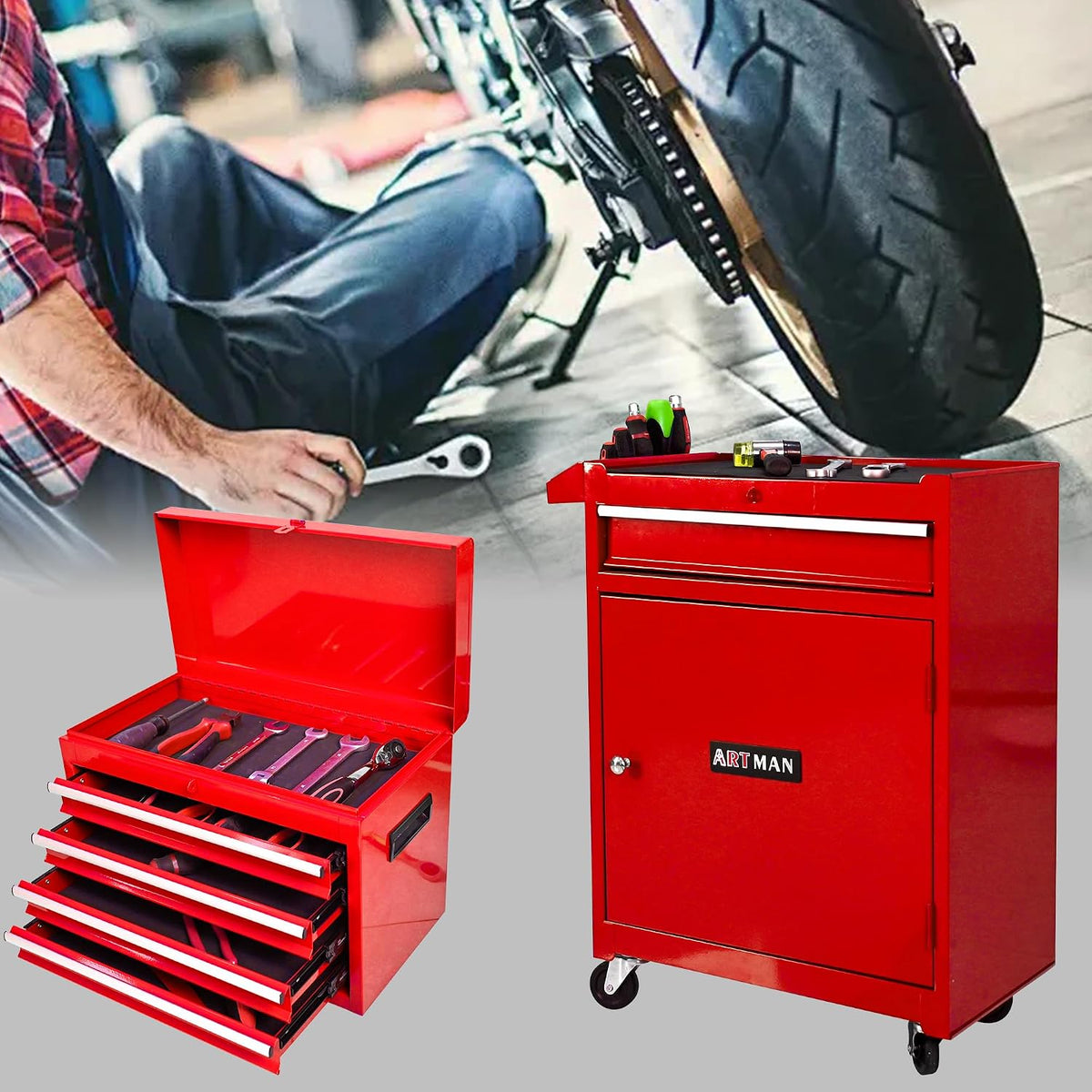 5-Drawer Tool Chest, Rolling Tool Box with Detachable Top Toolbox & Universal Wheels, Tool Cabinet with Lock Bar, Protective Liner & Tool Rack, Metal Storage Cart for Workshop,Garage (Red)