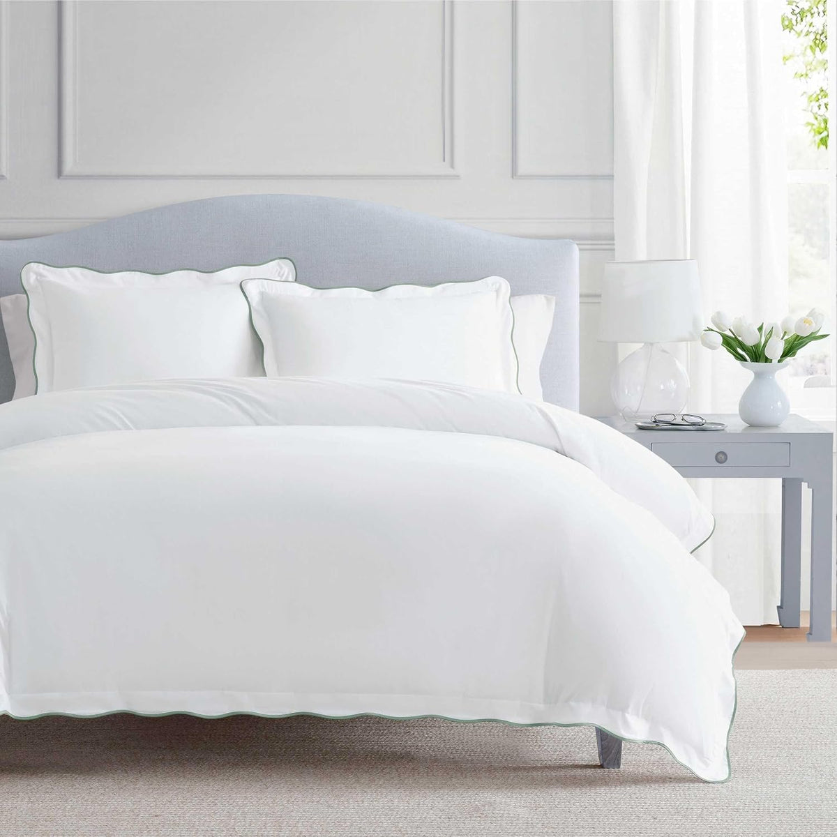 Martha Stewart - King Duvet Cover Set, 100% Soft Cotton Bed Set with a Smooth Cotton Percale Reverse, 3 Piece Bedding with Matching Pillowcases (Simple Scallop Green)
