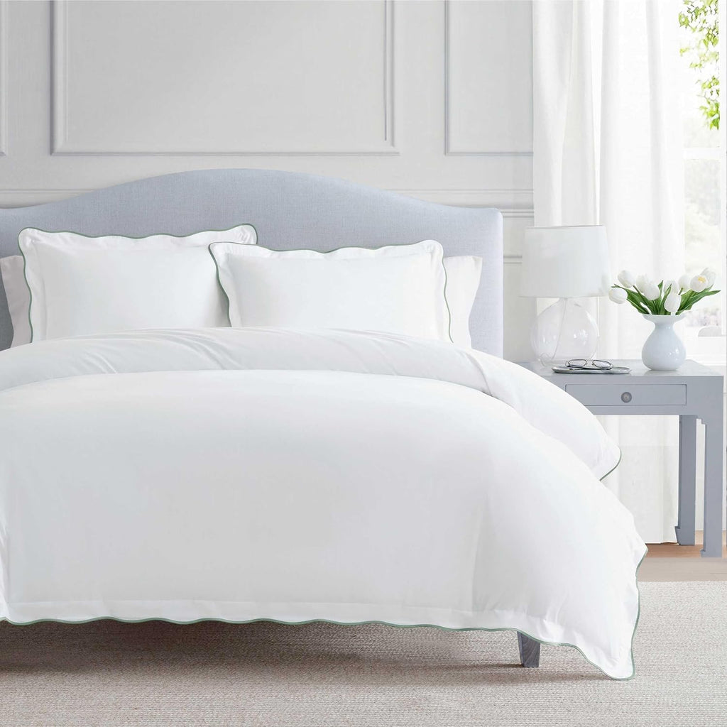 Martha Stewart - Queen Duvet Cover Set, 100% Soft Cotton Bed Set with a Smooth Cotton Percale Reverse, 3 Piece Bedding with Matching Pillowcases (Simple Scallop Green)