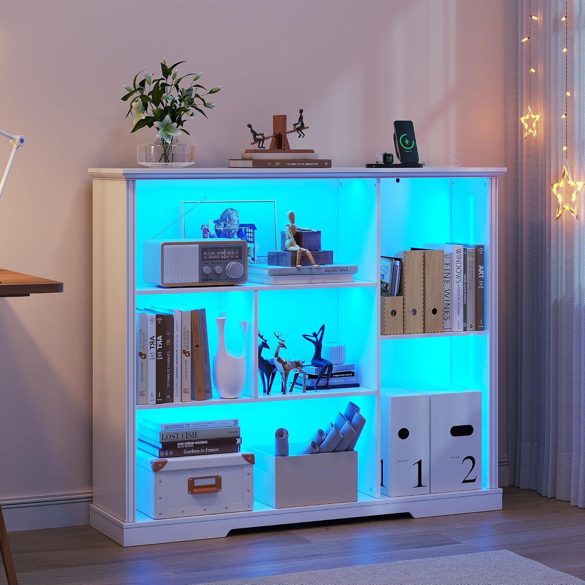 3-Tier LED Bookshelf with Lights - Motion Sensor Bookcase - USB Charging Module - Adjustable Display Shelf for Bedroom Kids Room Living Room Home Office - 47.24 W x 40 H - White