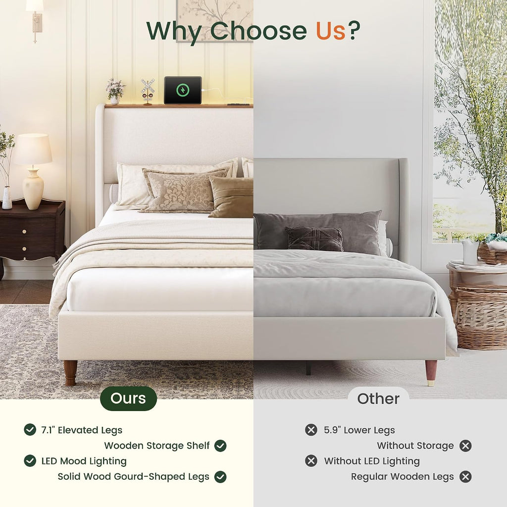 LARMACE Queen Size Bed Frame with LED Lights and Charging Station Linen Upholstered Platform Bed Frame with 51.2' Tall Headboard Wingback and Storage Shelf, No Box Spring Needed, Noise Free, Beige