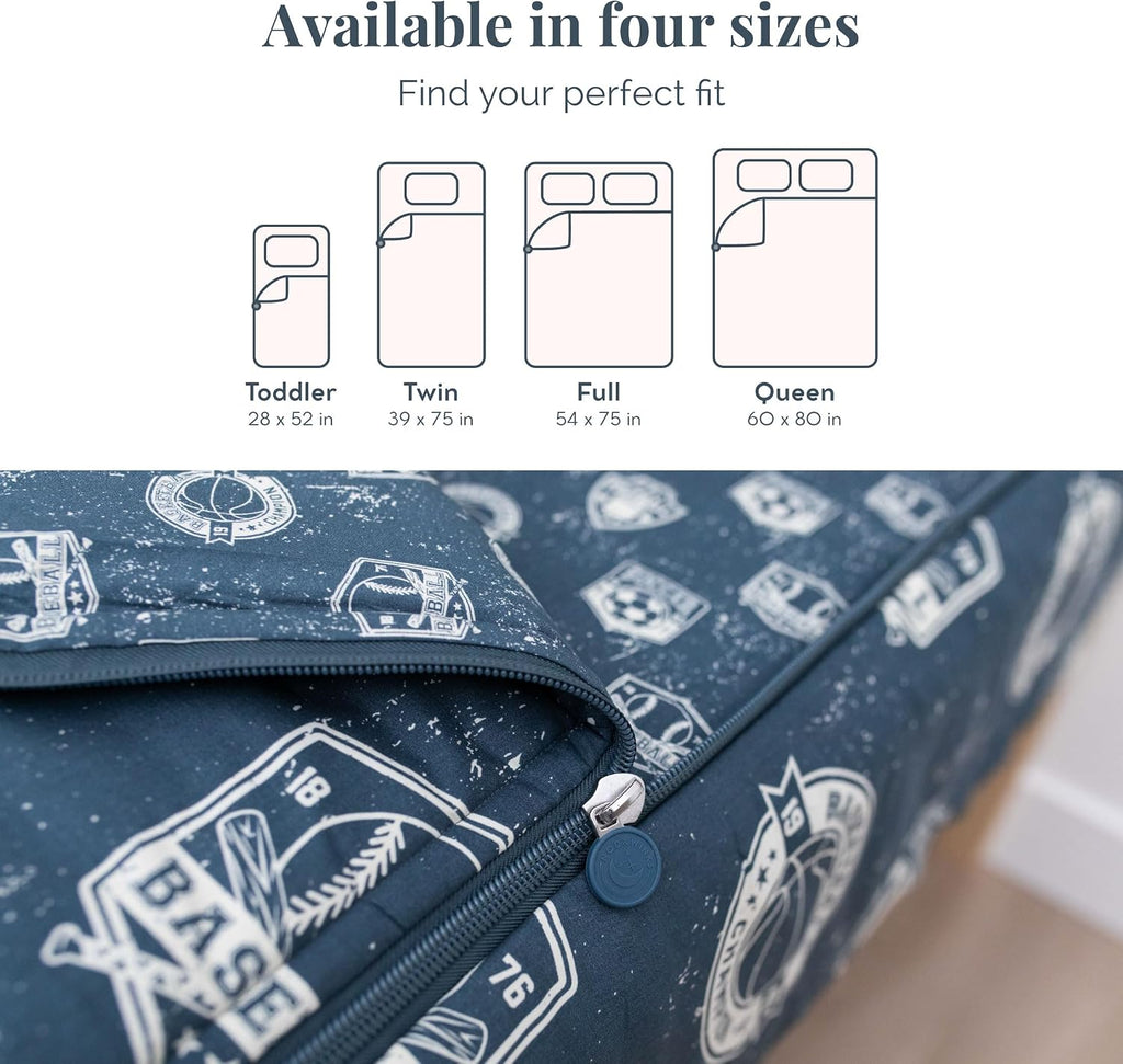Beddy's Sports Theme Durable Zipper Bedding for Kids - Bed in a Bag - Blue Sheets with Baseball, Football, Basketball, Soccer Comforter - Includes Pillowcase & Sham - Easy to Make & Wash - Queen