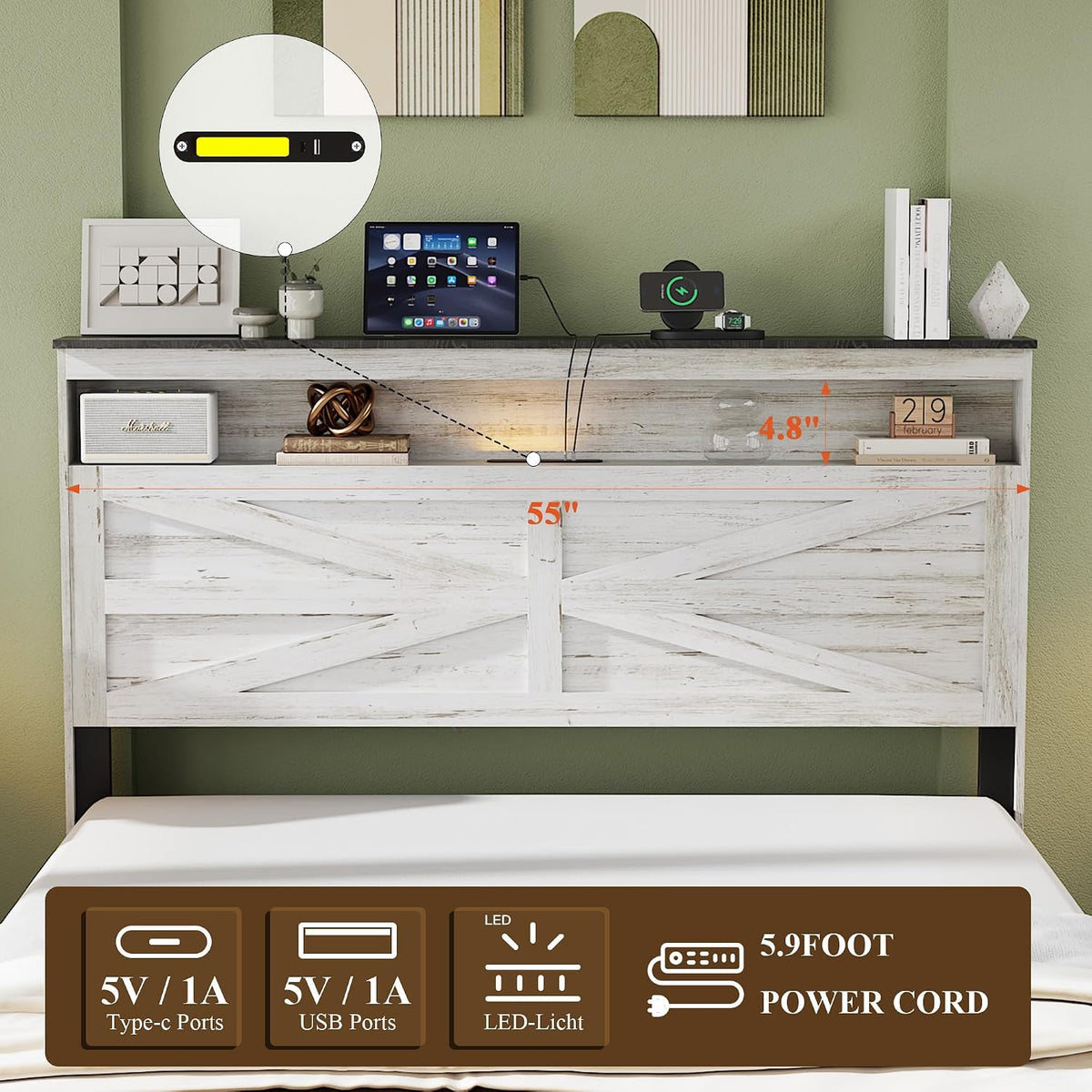 Farmhouse Full Size Bed Frame with Headboard Storage, Wood Platform Bed Frame with LED Lights & Charging Station, No Box Spring Needed, Noise-Free Sturdy Structure, Rustic White