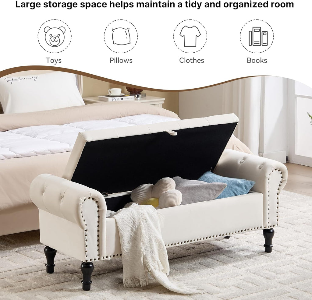 Storage Bench for Bedroom, 51' Upholstered End of Bed Bench, Velvet Queen Size Benches with Rolled Arms, Tufted Button Storage Long Ottoman, Living Room, Entryway, Beige