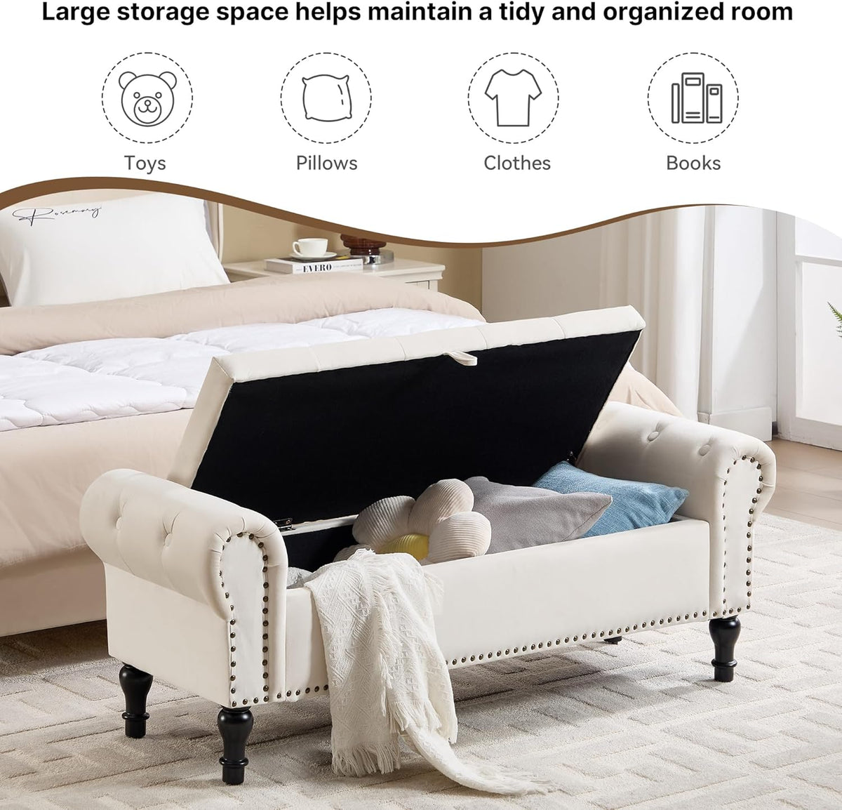 Storage Bench for Bedroom, 51' Upholstered End of Bed Bench, Velvet Queen Size Benches with Rolled Arms, Tufted Button Storage Long Ottoman, Living Room, Entryway, Beige
