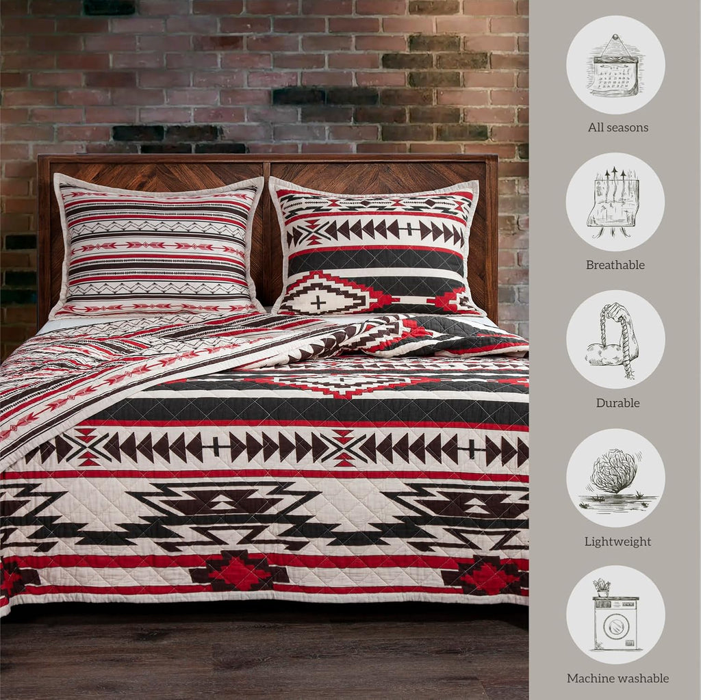 Paseo Road Cortez Western Bedding 3 Piece Quilt Set with Pillow Shams, Full Queen Aztec Bedding Set, Tribal Southwestern Bedding, Geometric Pattern Cotton Reversible Rustic Bed Set