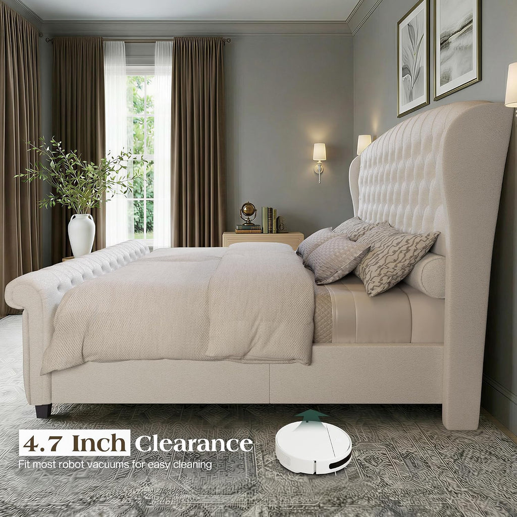 LUXOAK King Size Platform Bed Frame, Chenille Upholstered Sleigh Bed with Curved Headboard & Footboard, Deep Button Tufted, Wood Slats Support, No Box Spring Needed, Cream