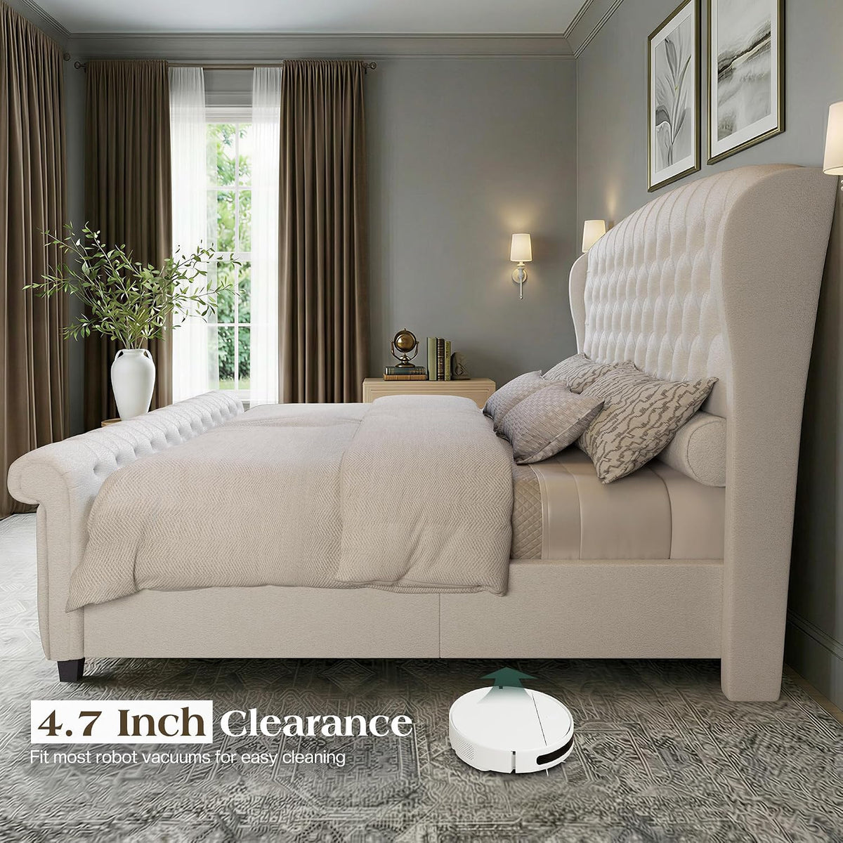 LUXOAK King Size Platform Bed Frame, Chenille Upholstered Sleigh Bed with Curved Headboard & Footboard, Deep Button Tufted, Wood Slats Support, No Box Spring Needed, Cream