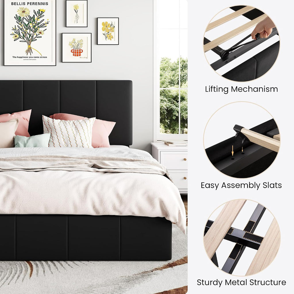 SHA CERLIN King Size Lift Up Storage Bed Frame, Adjustable Headboard, Hydraulic Support, Velvet Upholstered, Easy Installation, No Box Spring Needed, Black