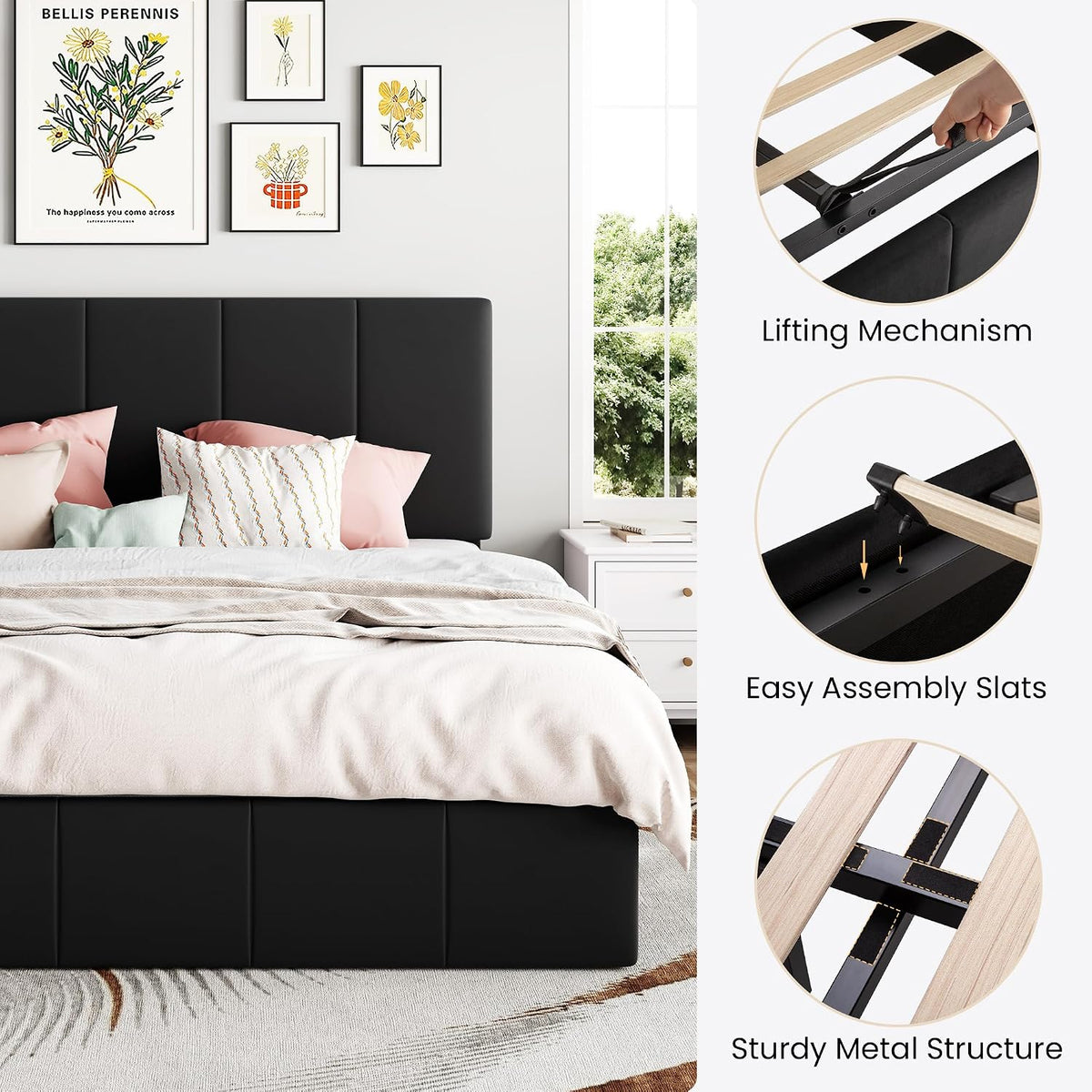 SHA CERLIN King Size Lift Up Storage Bed Frame, Adjustable Headboard, Hydraulic Support, Velvet Upholstered, Easy Installation, No Box Spring Needed, Black