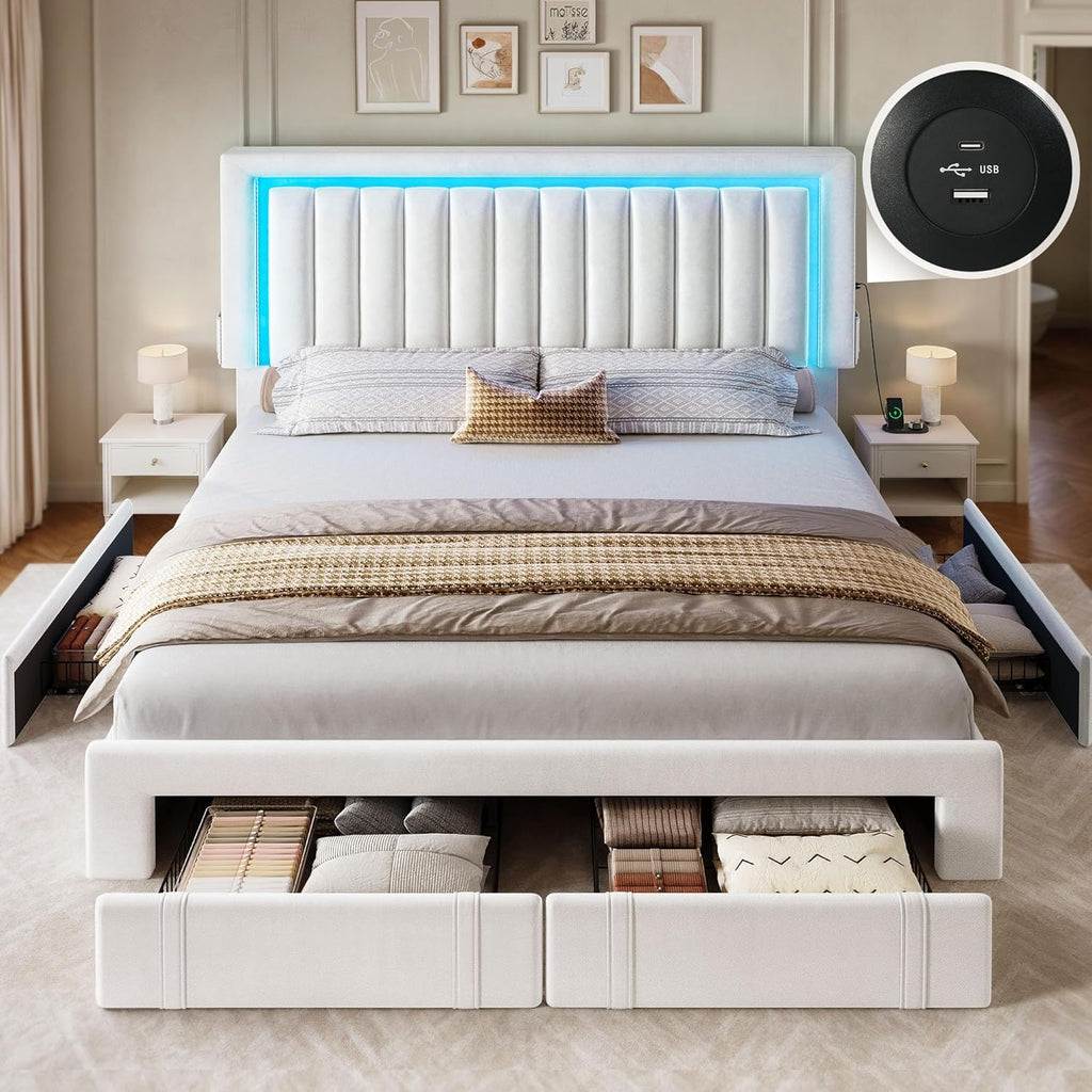 YITAHOME Queen Size Bed Frame with Adjustable Headboard, 4 Storage Drawers and RGB LED Lights, Velvet Upholstered Platform Bed with USB Ports, No Box Spring Needed, Fast Assembly, Noise-Free, White
