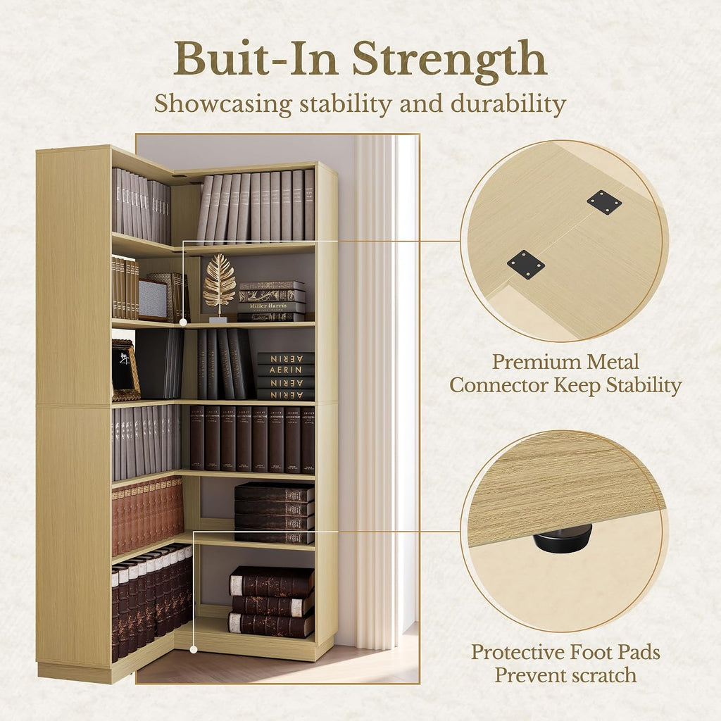 Corner Book Shelf, 6 Tier 73 Inch Tall Corner Bookshelf with Open Storage, Wood L Shaped Bookcase Storage Display Rack for Home Office, Light Walnut