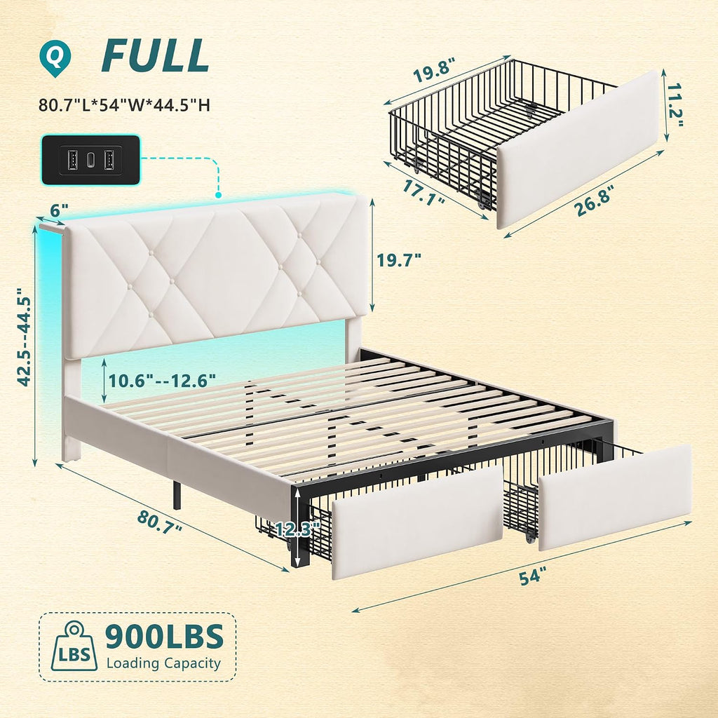 EnHomee Full Bed Frame with 2 Storage Drawers and LED Lights, Velvet Platform Bed Frame with Charging Station, Upholstered Adjustable Headboard, No Box Spring Needed, Easy Assembly，Beige