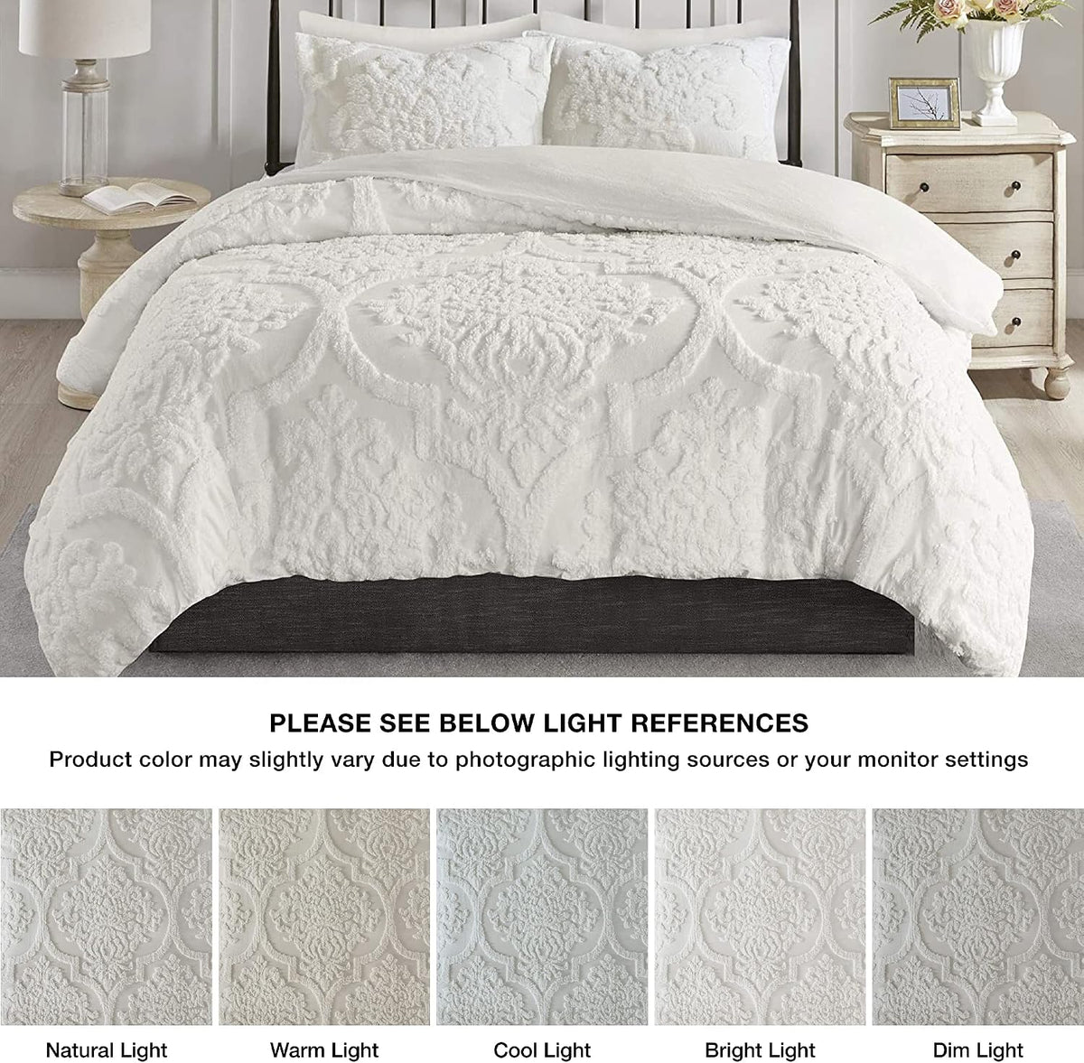 Madison Park Tufted Chenille Cotton Comforter, All Season Bedding Set, Matching Shams, Viola, Damask Off White Full/Queen(90'x90') 3 Piece