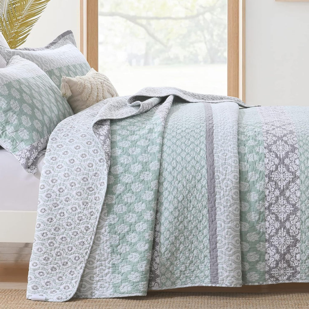 SahSahCasa Quilt King Size, King Quilt Set, 100% Cotton Floral Quilt, King Quilt Bedding Set Bedspreads, Patchwork Reversible Lightweight Comforter Bed Spread for All Season, Green/Gray