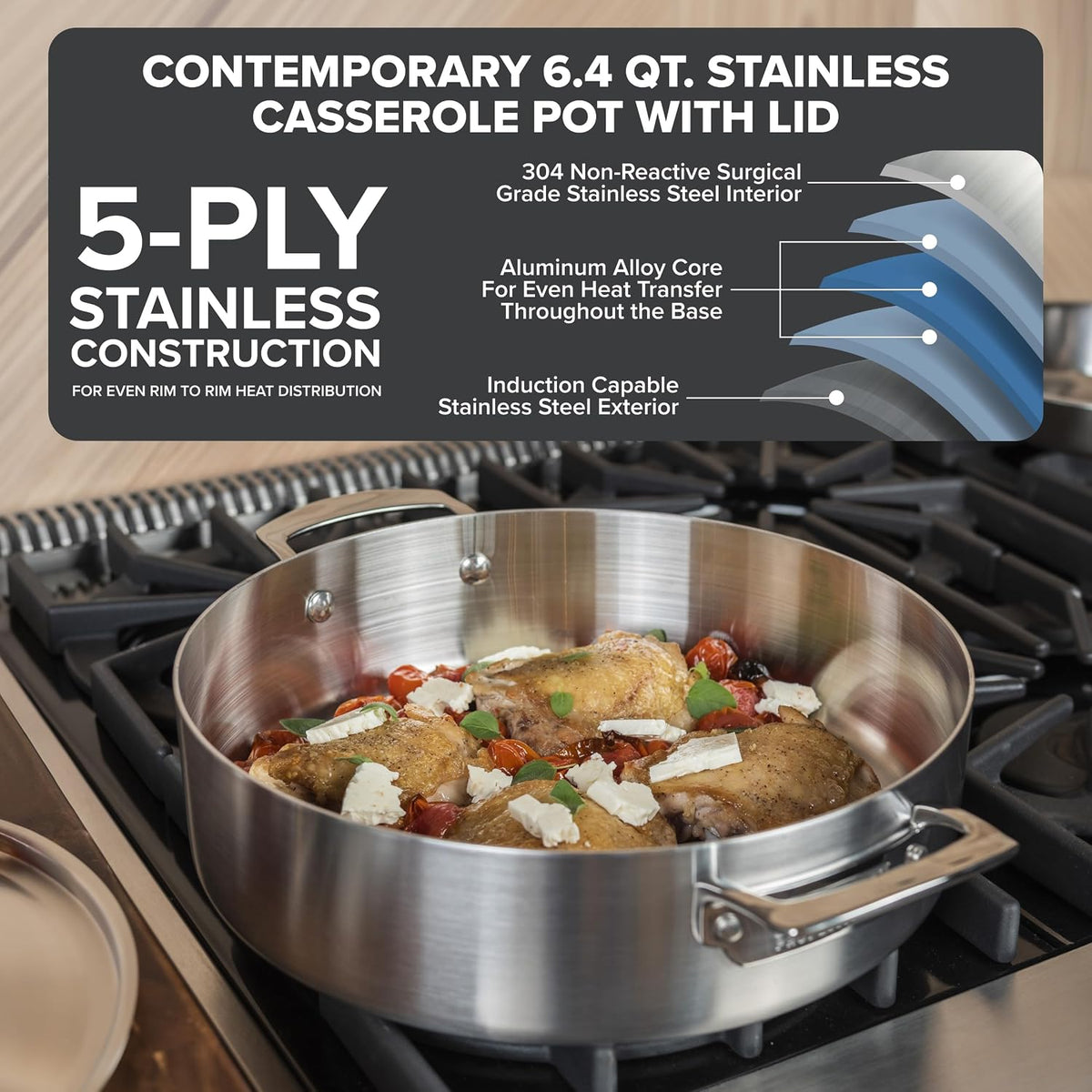 Viking 5-Ply Stainless Steel Casserole Pot with Lid, 6.4 Quart Cookware, Dishwasher and Oven Safe, Induction Ready, Satin Finish