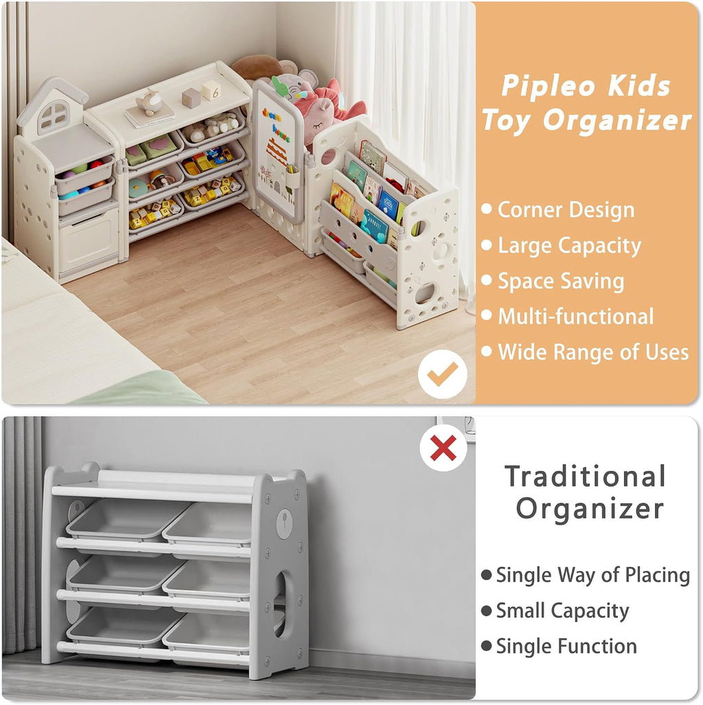 Kids Toy Storage Organizer with 10 Removable Bins, Foldable Toy Organizers and Storage with 3-Tier Bookshelf for Kids Toy Storage Organizer with Drawing Board, Extra 3 Brushes (3 In 1 Off-white)