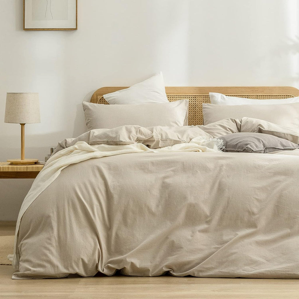BESTOUCH Duvet Cover Set 100% Washed Cotton Linen Feel Super Soft Comfortable Chic Lightweight 3 PCs Home Bedding Set Solid Almond Milk Grey Super King Plus