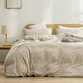 BESTOUCH Duvet Cover Set 100% Washed Cotton Linen Feel Super Soft Comfortable Chic Lightweight 3 PCs Home Bedding Set Solid Almond Milk Grey Super King Plus