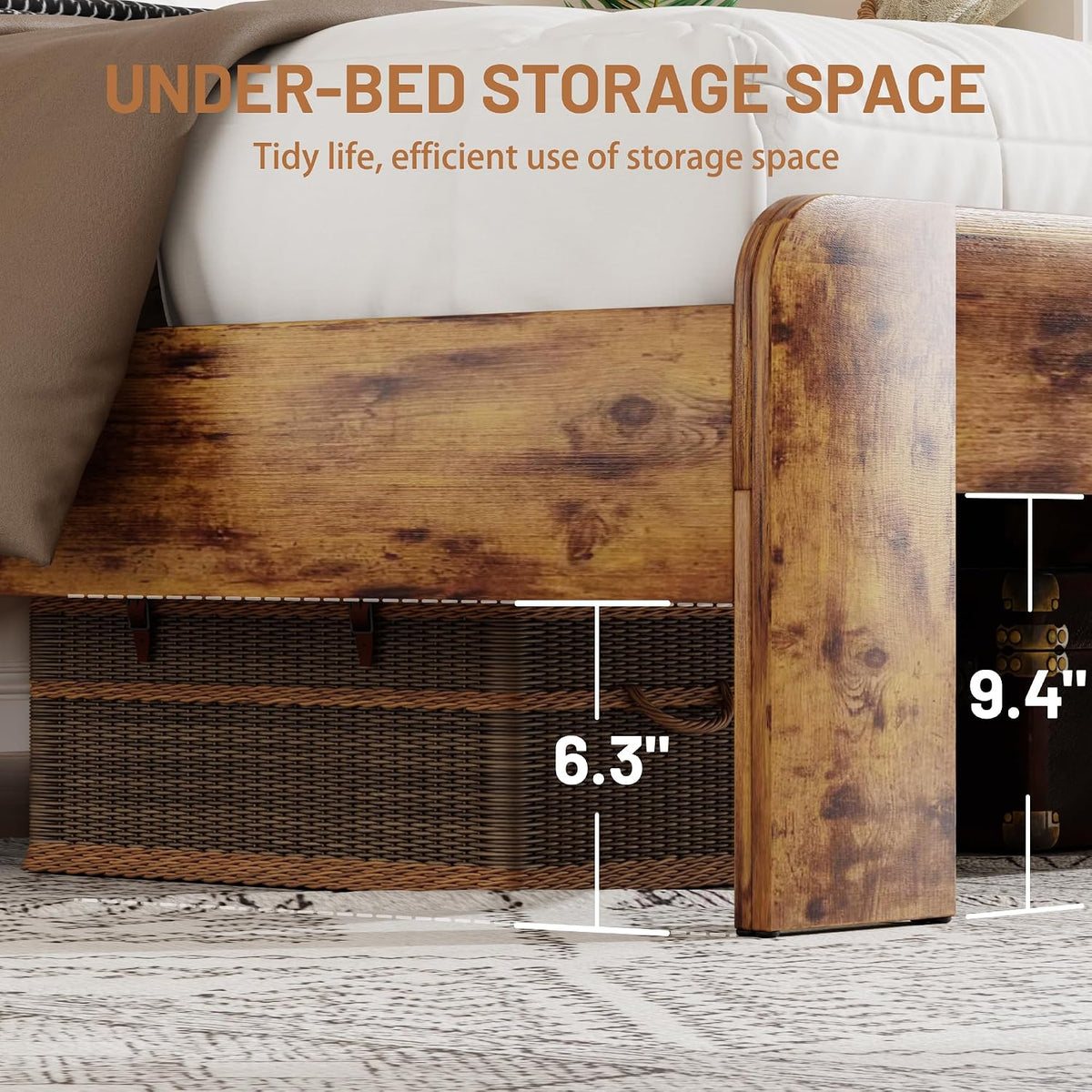 Wooden Bed Frame King Size with Storage Headboard, Rustic Platform Bedframe with LED Lights & Charging Station, Metal Slats Support, Noise-Free, No Box Spring Needed, Brown