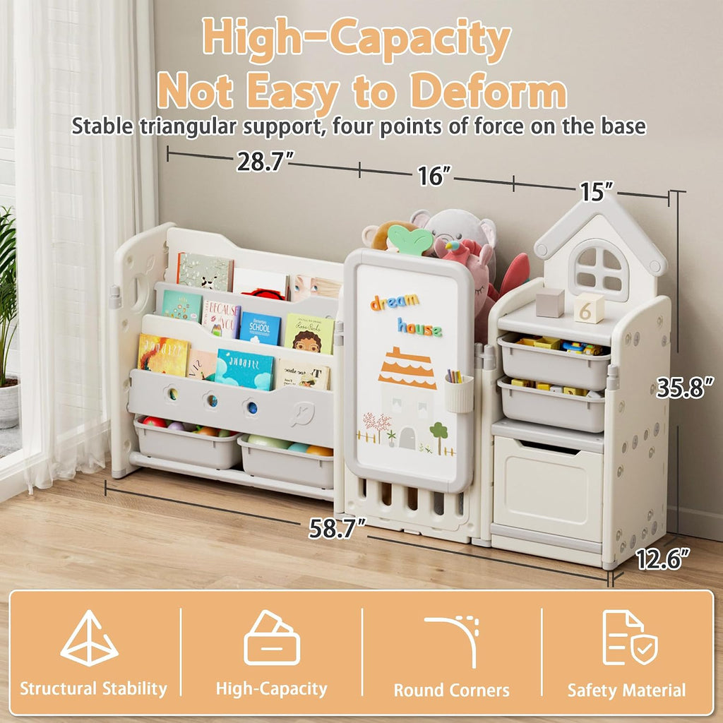 Kids Toy Storage Organizer with 10 Removable Bins, Foldable Toy Organizers and Storage with 3-Tier Bookshelf for Kids Toy Storage Organizer with Drawing Board, Extra 3 Brushes (3 In 1 Off-white)