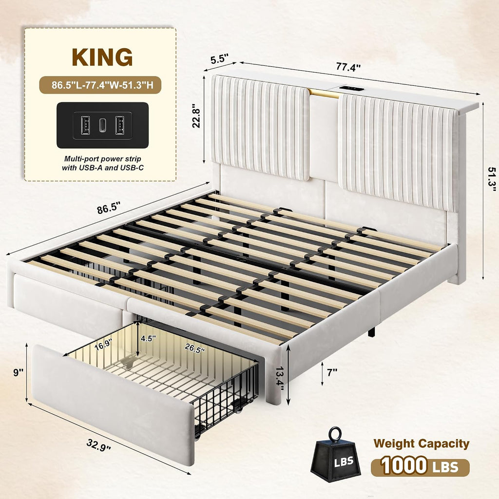 Homkdom King Size Bed Frame with Velvet Storage Headboard, 2 Large Drawers & 3 Charging Ports, 51.3' Tall King Bed Frame Featuring Sturdy Wood Slats and No Box Spring Needed, No Assembly Stress,Beige