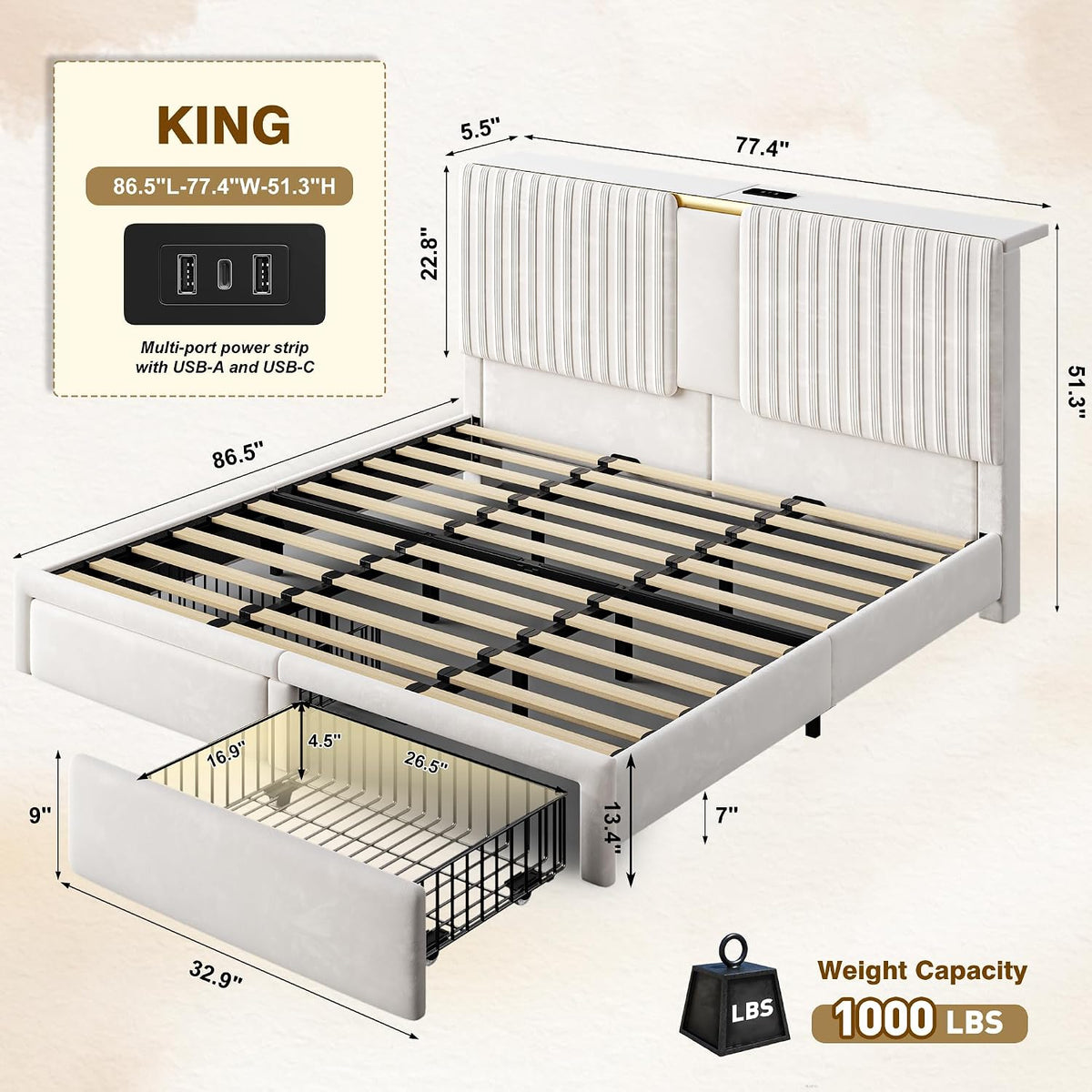 Homkdom King Size Bed Frame with Velvet Storage Headboard, 2 Large Drawers & 3 Charging Ports, 51.3' Tall King Bed Frame Featuring Sturdy Wood Slats and No Box Spring Needed, No Assembly Stress,Beige