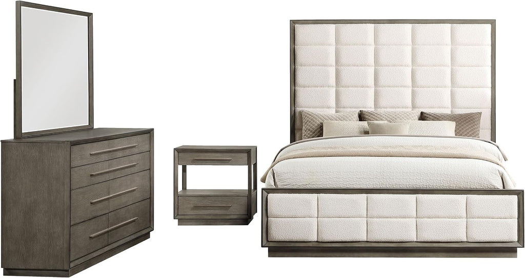 Coaster Home Furnishings Durango Transitional 4-Piece Bedroom Set Boucle Upholstered California King Size Panel Bed Frame 80-inch Headboard Washed Oak 223271KW-S4