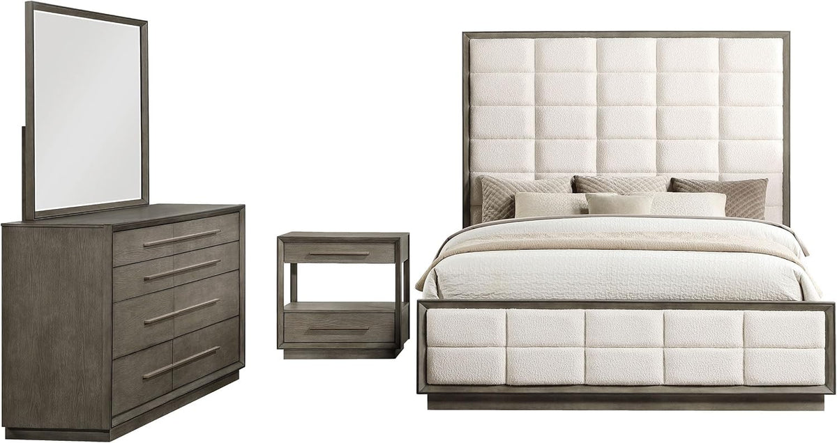 Coaster Home Furnishings Durango Transitional 4-Piece Bedroom Set Boucle Upholstered California King Size Panel Bed Frame 80-inch Headboard Washed Oak 223271KW-S4