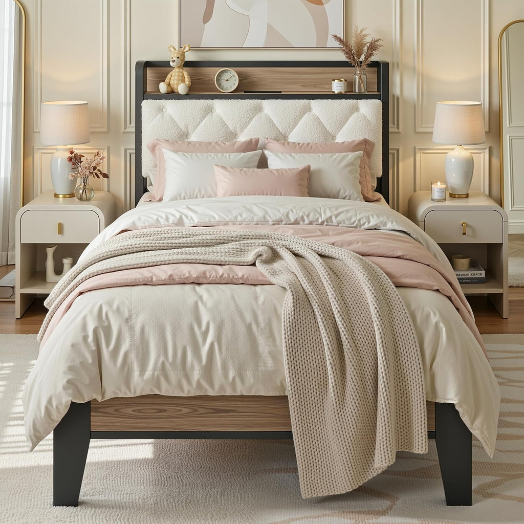 ANCTOR Twin XL Bed Frame, Storage Headboard with Charging Station, Platform Bed Frame with Strong Metal Support, Sturdy and Stable, Noise Free, No Box Spring Needed, Easy Assembly, Wood and Cream
