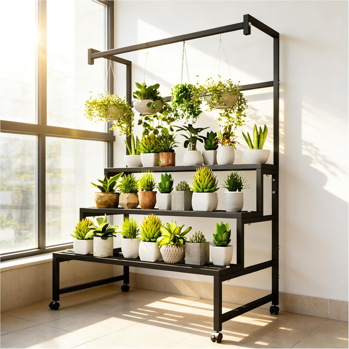 4Tier Sturdy Metal Plant Stand with Wheels, 47x24x65 Inch HighBlack Multiple Tiered Flower Display ，Heavy Duty Succulent Shelf for Home Indoor and Outdoor，Stair Shape，440 LBS Capacity (47in)