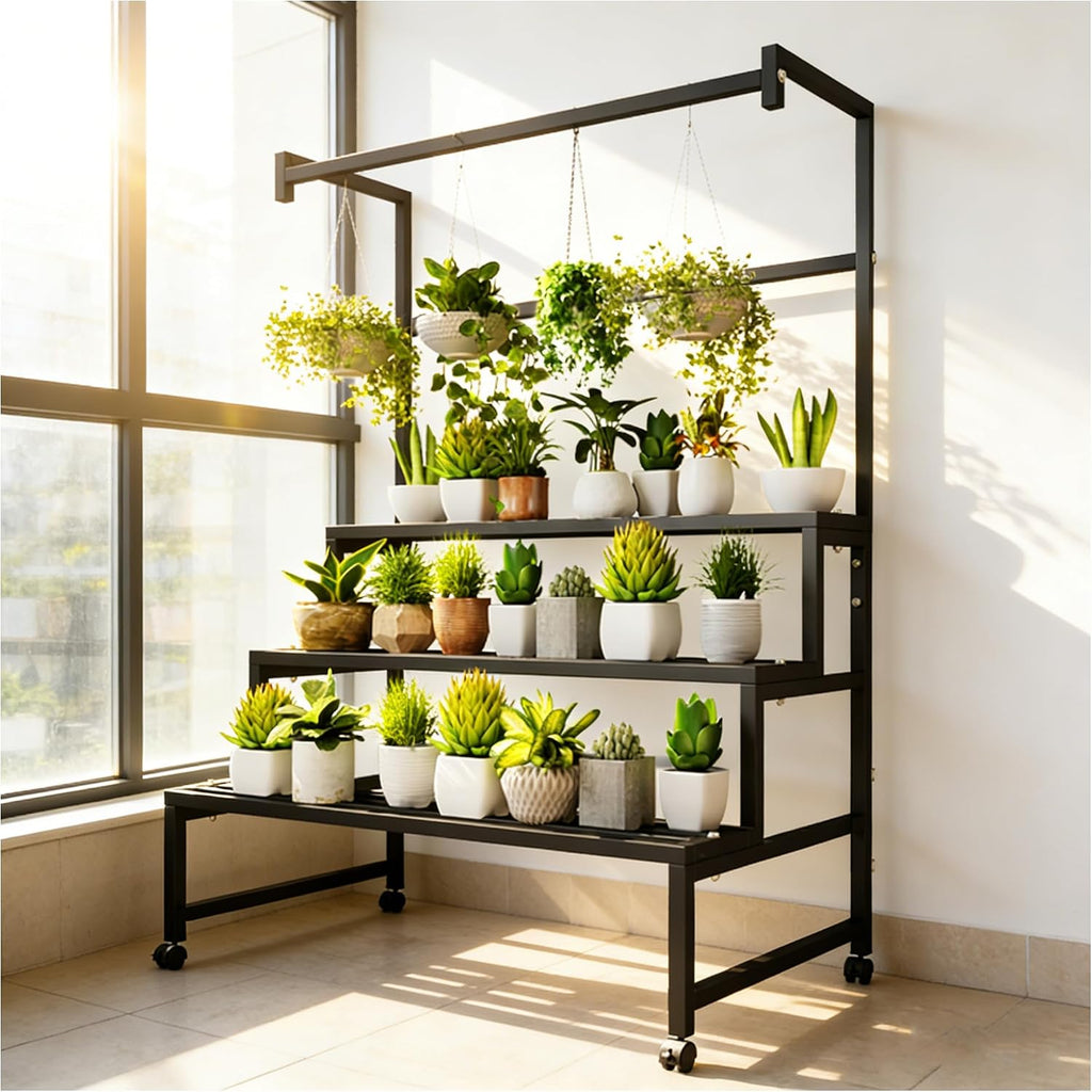 4Tier Sturdy Metal Plant Stand with Wheels, 39.9x24x65 Inch HighBlack Multiple Tiered Flower Display ，Heavy Duty Succulent Shelf for Home Indoor and Outdoor，Stair Shape，440 LBS Capacity (39in)