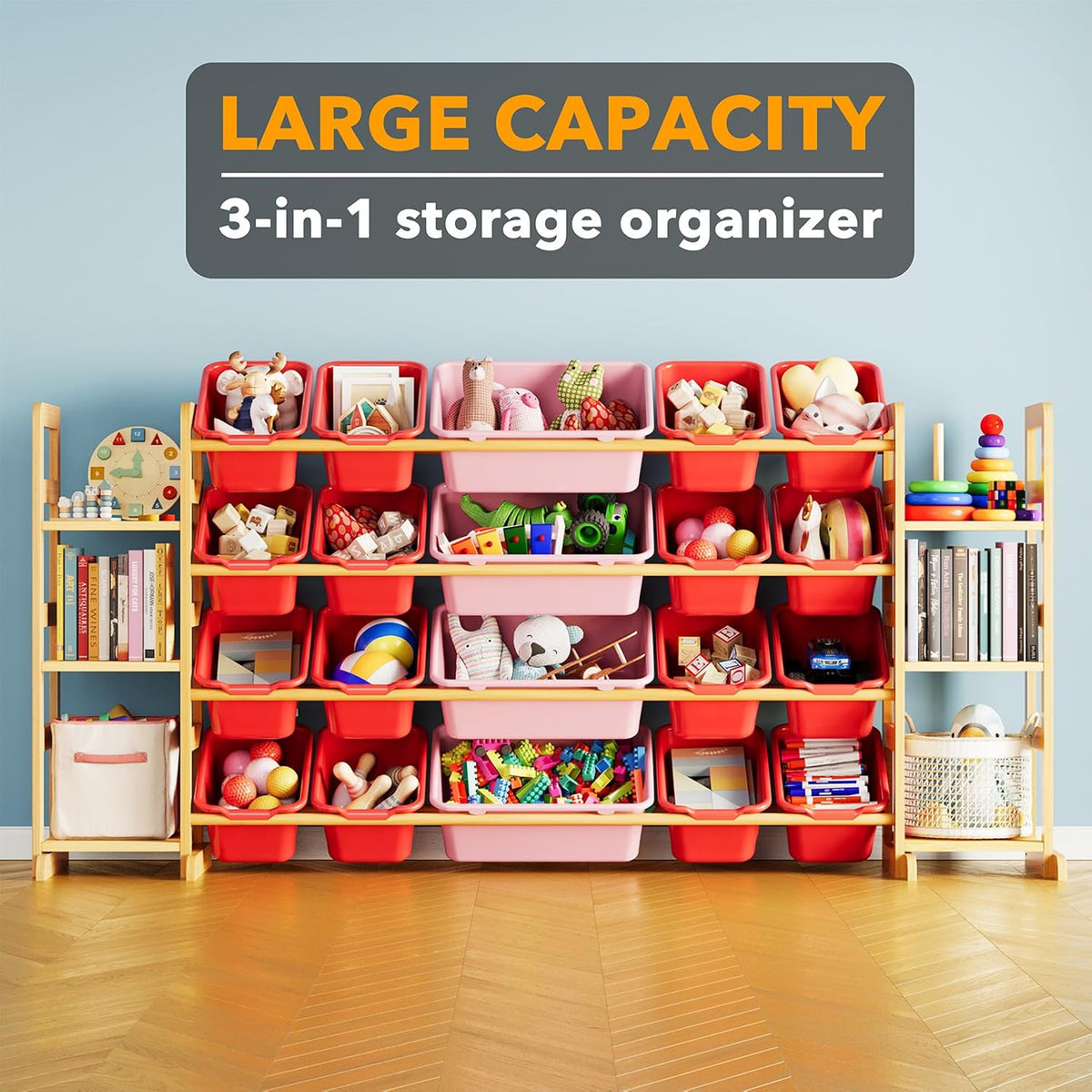 SpaceAid Toy Storage Organizer with 6 Shelves and 20 Bins, Toy Organizers Storage Bookshelf, Kids Bin Shelf Toys Box Bookcase for Bedroom Playroom Organization Room Decor, Red and Pink