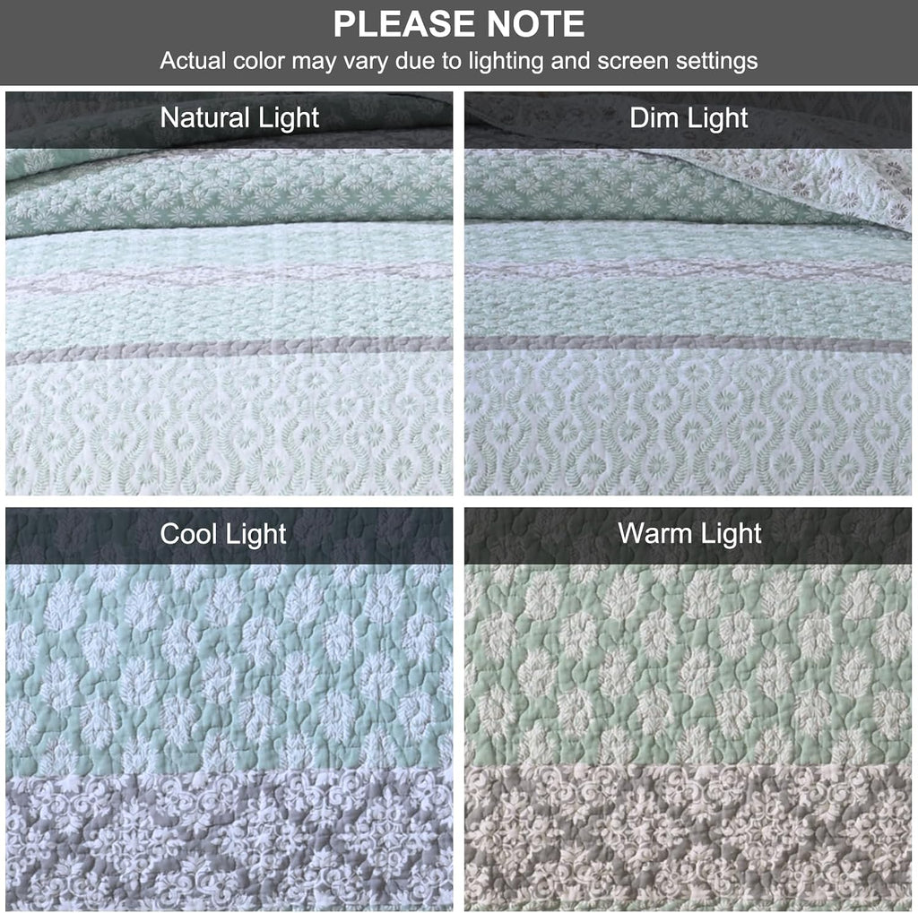 SahSahCasa Quilt King Size, King Quilt Set, 100% Cotton Floral Quilt, King Quilt Bedding Set Bedspreads, Patchwork Reversible Lightweight Comforter Bed Spread for All Season, Green/Gray