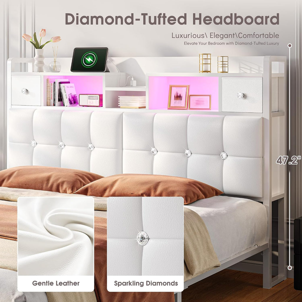 Homkdom Full Size Bed Frame with Hidden Storage - 4 Drawers,Diamond-Tufted Upholstered Headboard,LED Lights & Charging Station,1100 LBS Heavy Duty,No Box Spring Needed,Modern,White