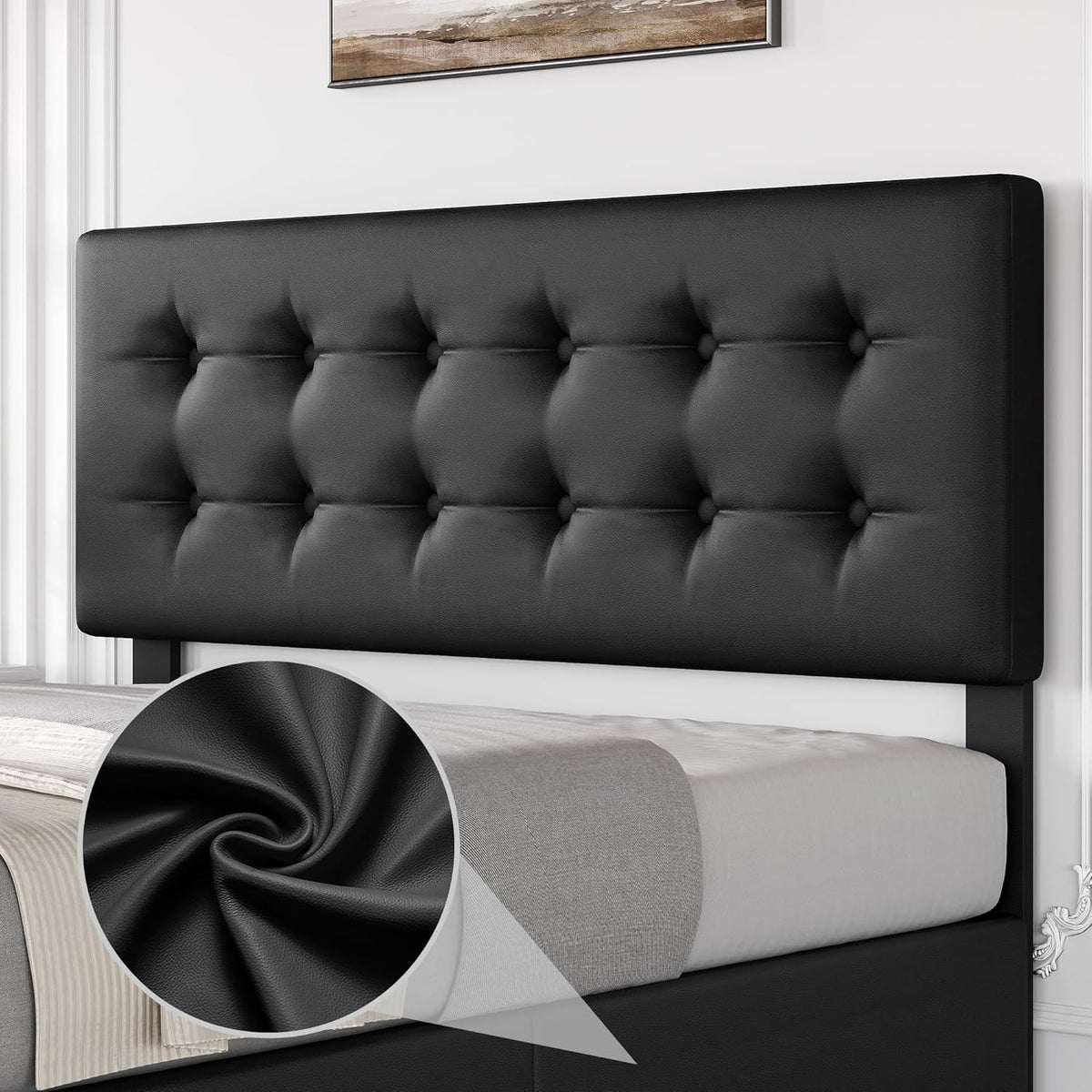 GarveeHome Full Size Bed Frame with 4 Storage Drawers and Headboard, Faux Leather Upholstered Platform Bed Frame with Wooden Slats Support, Button Tufted Design, No Box Spring Needed, Black