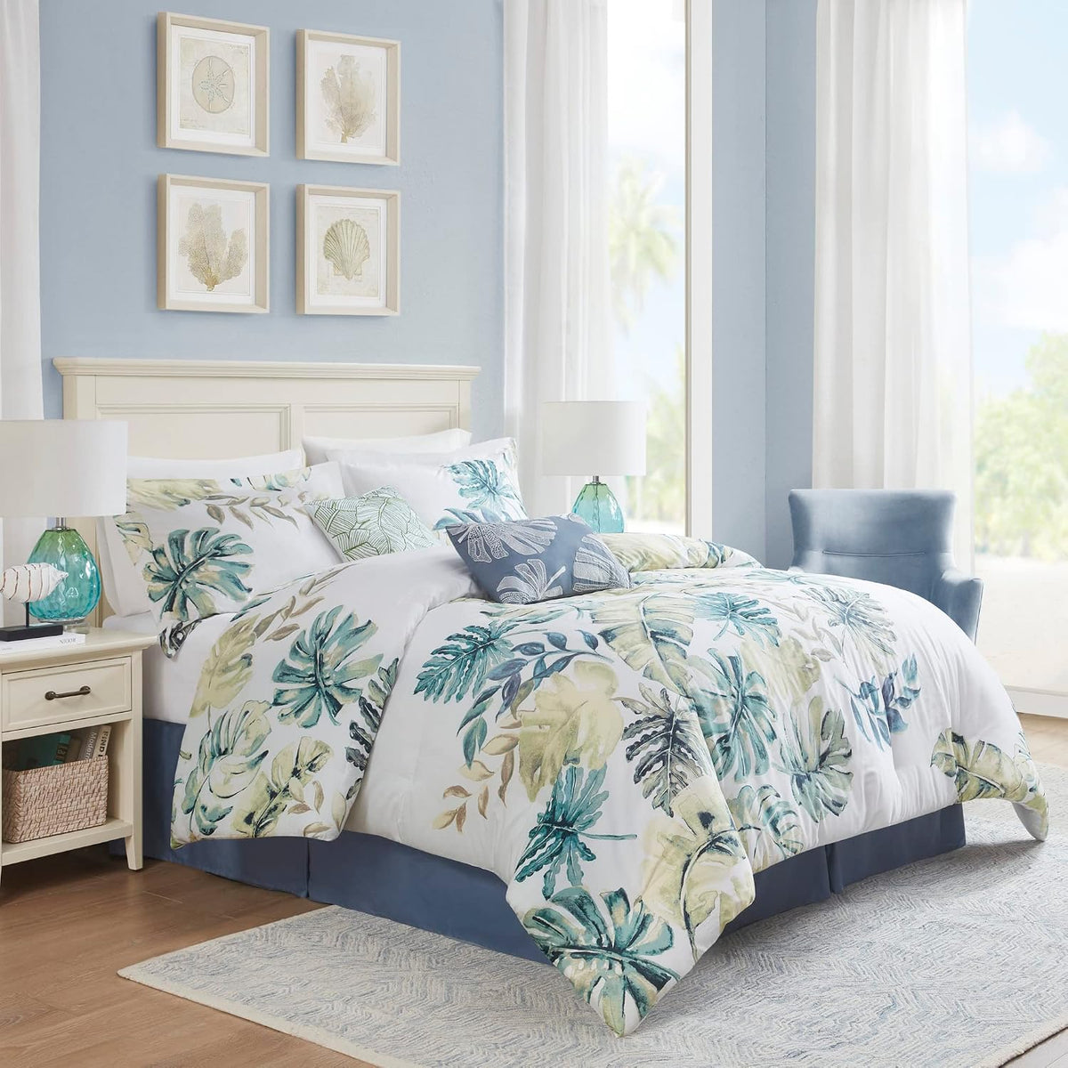 Harbor House Cozy Cotton Comforter Set - Coastal, All Season Down Alternative Casual Bedding with Matching Shams, Decorative Pillows, Lorelai, Monstera Leaf Green King(110'x96') 6 Piece