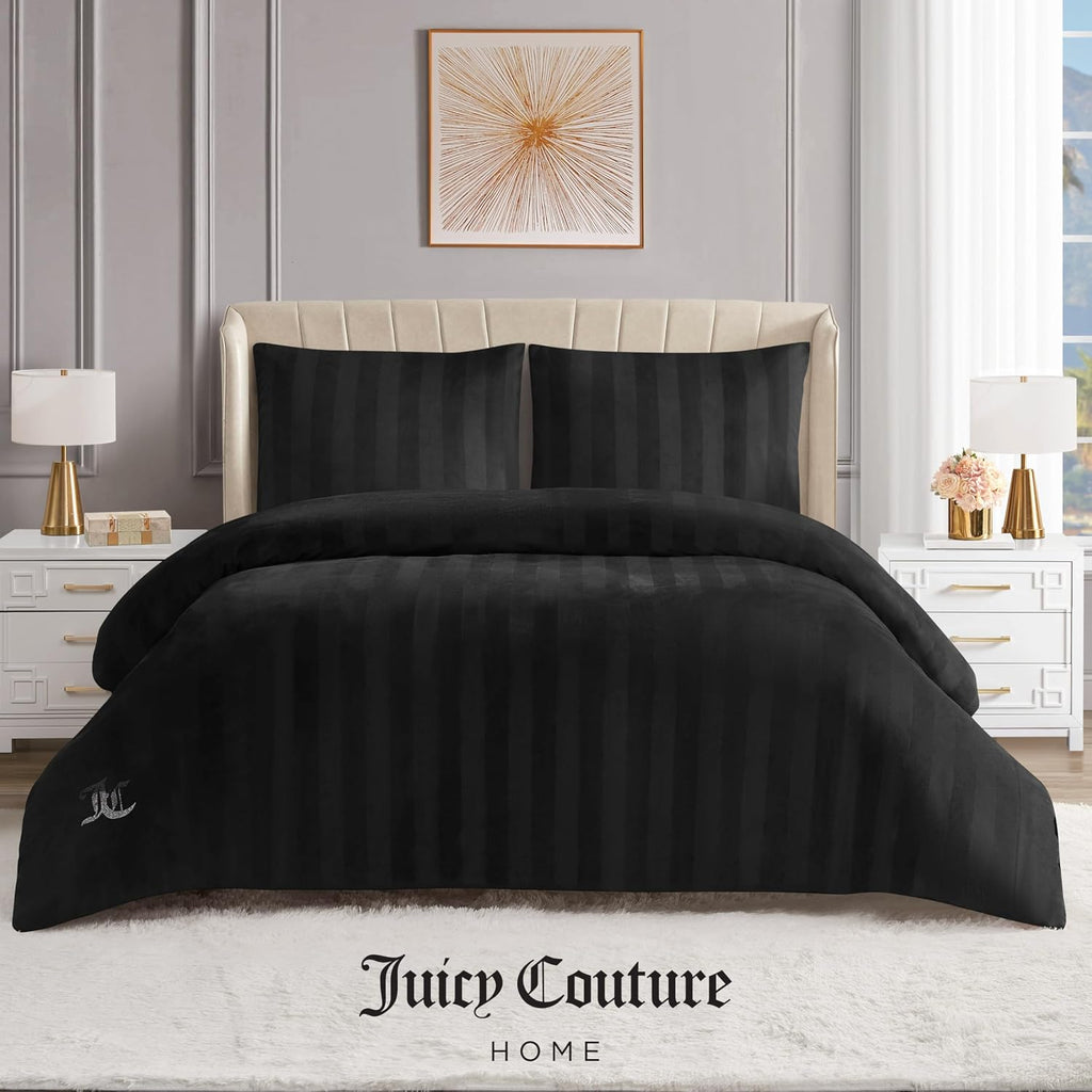 Juicy Couture Jenny Velour Striped Jacquard Queen/Full Size Comforter Bedding Set Ensemble - Black 3 Piece Set