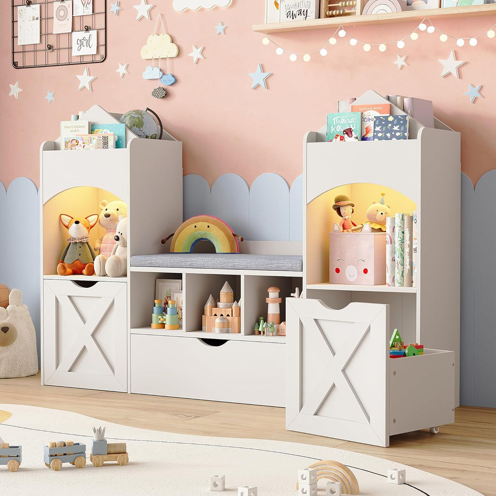 Vabches 54.3'' Kids Bookshelf with Reading Nook, Toy Storage Organizer with Seat Cushion, LED Lights and 3 Movable Drawers, Castle-Shaped Bookcase with Bench for Playroom, Nursery, Bedroom (White)