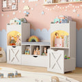 Vabches 54.3'' Kids Bookshelf with Reading Nook, Toy Storage Organizer with Seat Cushion, LED Lights and 3 Movable Drawers, Castle-Shaped Bookcase with Bench for Playroom, Nursery, Bedroom (White)