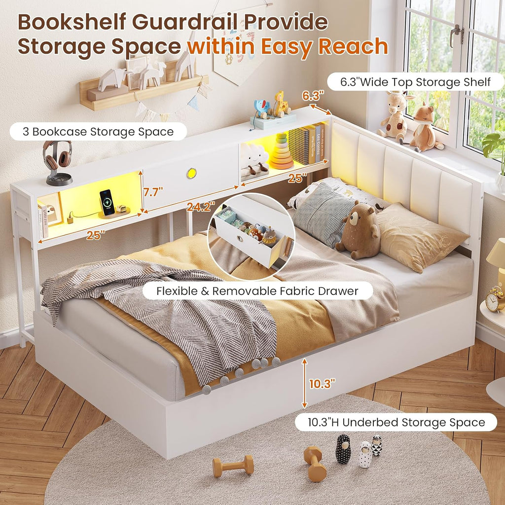DICTAC Twin Corner Lift up Storage Bed with Led Lights and Charging Station Twin Size Daybed for Kids/Teen with Bookcase and Hydraulic Storage,Platform Corner Beds with Upholstered Headboard,White
