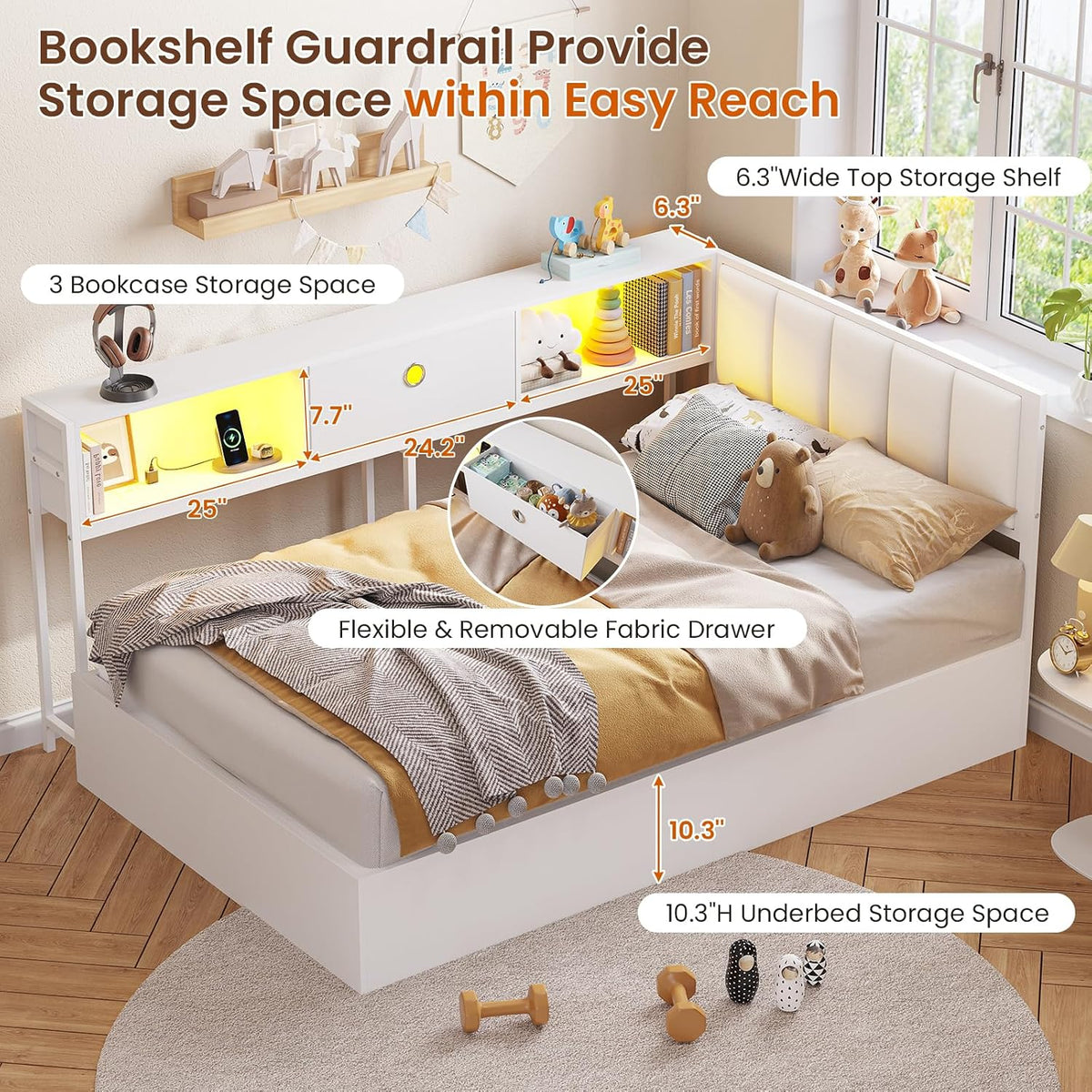 DICTAC Twin Corner Lift up Storage Bed with Led Lights and Charging Station Twin Size Daybed for Kids/Teen with Bookcase and Hydraulic Storage,Platform Corner Beds with Upholstered Headboard,White