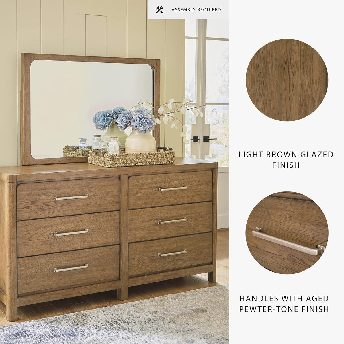 Signature Design by Ashley Cabalynn Modern 6-Drawer Dresser and Mirror with Safety Stop and Felt-Lined Top Drawer, Dark Brown