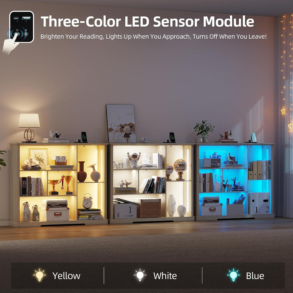 3-Tier LED Bookshelf with Lights - Motion Sensor Bookcase - USB Charging Module - Adjustable Display Shelf for Bedroom Living Room Apartment Home Office - 47.24 W x 40 H - Natural Wood