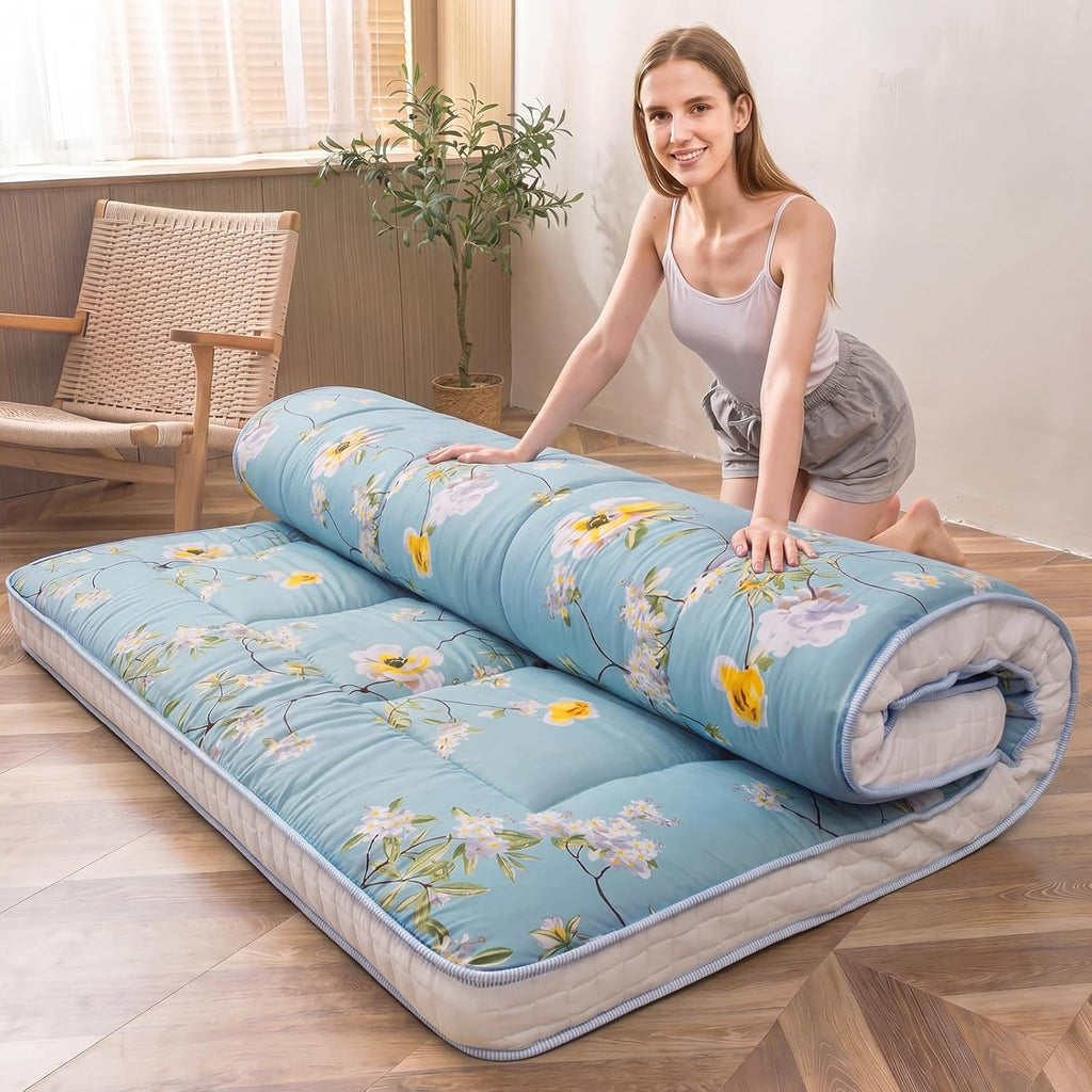 MAXYOYO Rustic Floral Korean Futon Mattress, Padded Japanese Floor Mattress Quilted Mattress Topper, Extra Thick Folding Sleeping Pad Breathable Floor Lounger Guest Couch for Camping, Queen