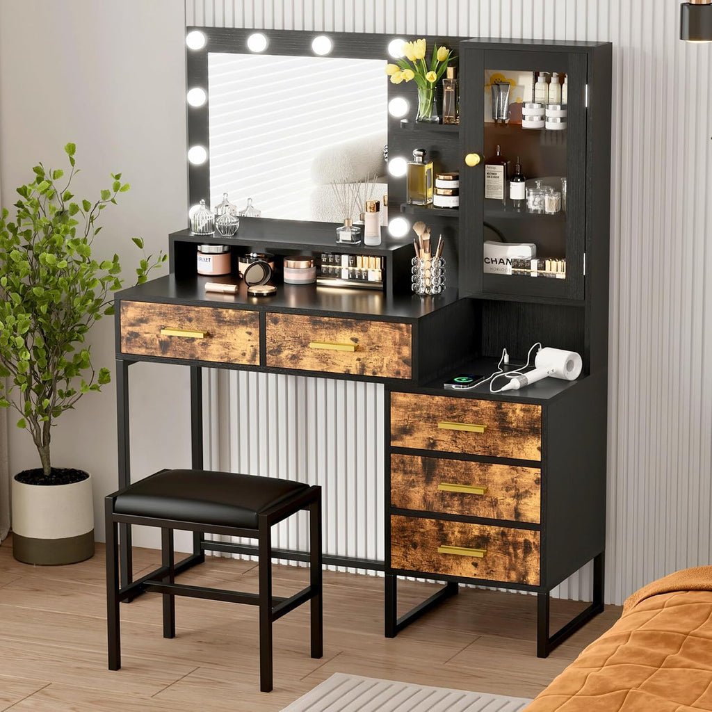 Vanity Desk with Mirror, Makeup Desk Set with 3 Color Lights and Chair, Modern Vanity Table with Drawers and Shevles, Dressing Table with Charging Station for Bedroom, Black