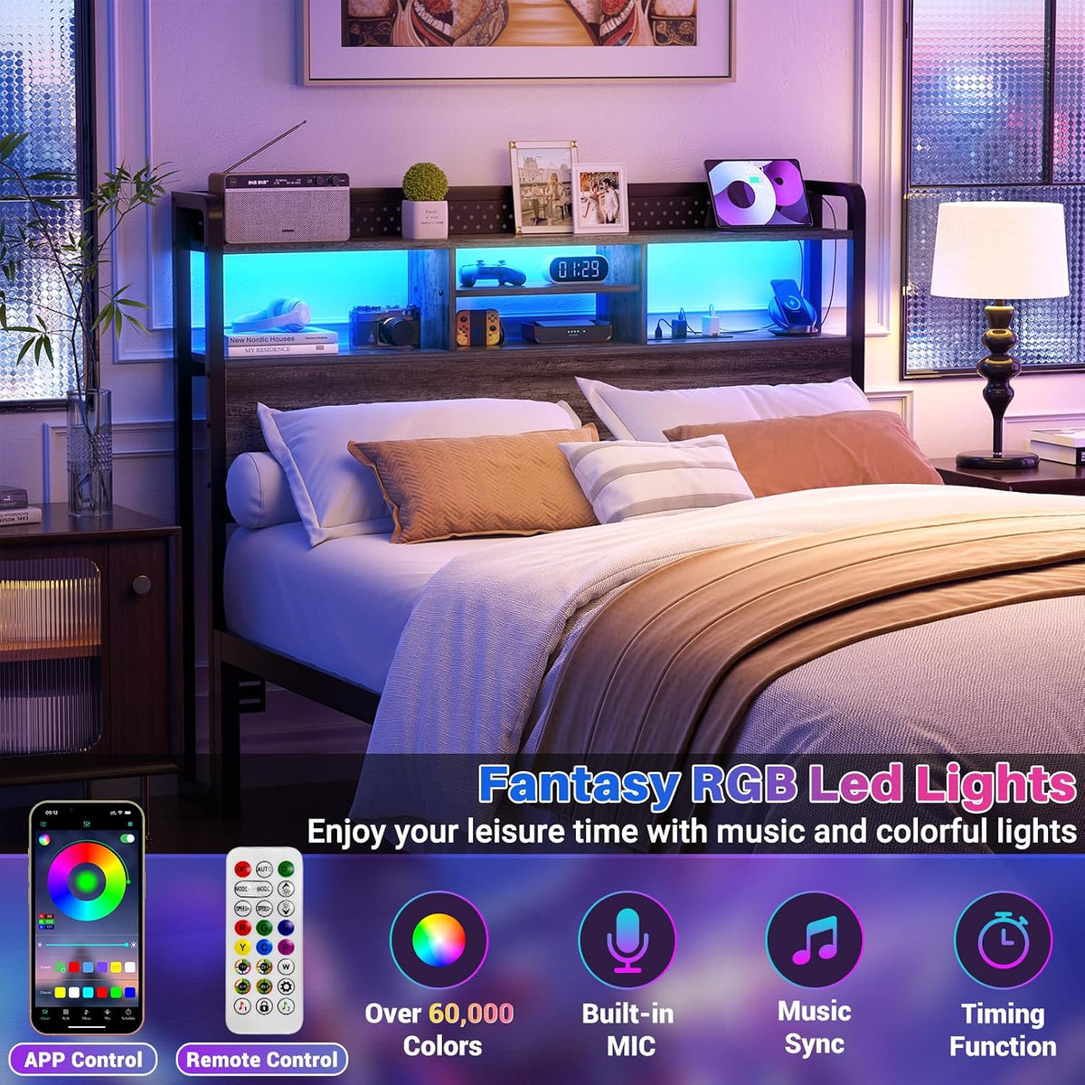 Unikito Headboard for Full Size Bed with Storage Shelf, Head Board with 3 Outlets and 2 USB Ports, Headboards with RGB LED Light, Height Adjustable, Sturdy and Stable, Easy Assembly,Black Oak