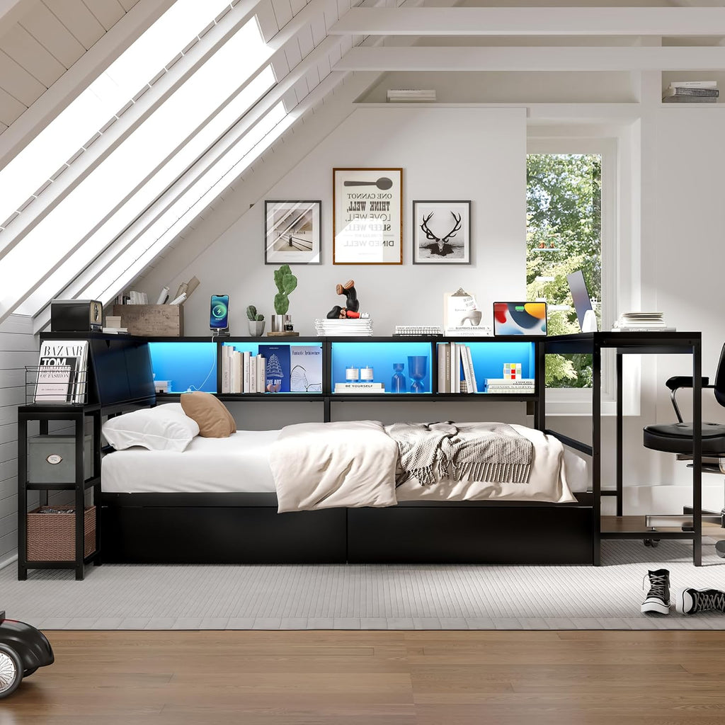 Full Corner Bed Frame with Desk, LED Lights & Charging Ports, L-Shaped Daybed with Storage Drawers, Bookcase & Open Shelves, Modern Full Size Daybed for Kids, Teens & Compact Bedrooms,Black