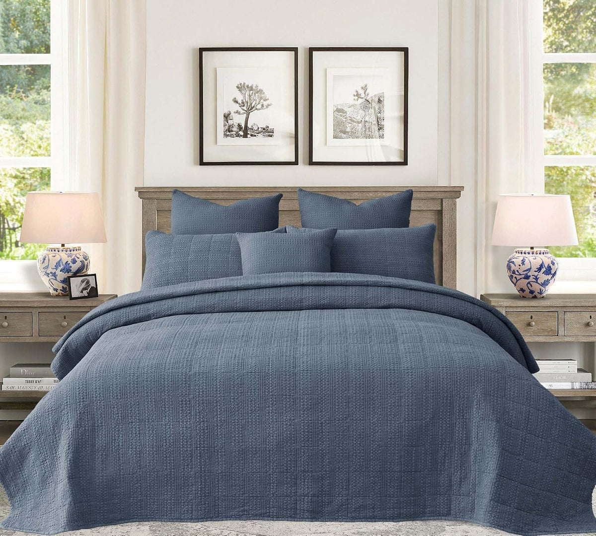 90x92 Queen Size Quilt Set with Pillow Shams Quilted Bedding Cover Ultra Soft Bedspread 3 Pieces Lightweight Soft Blanket for Home Decor,Gray Blue